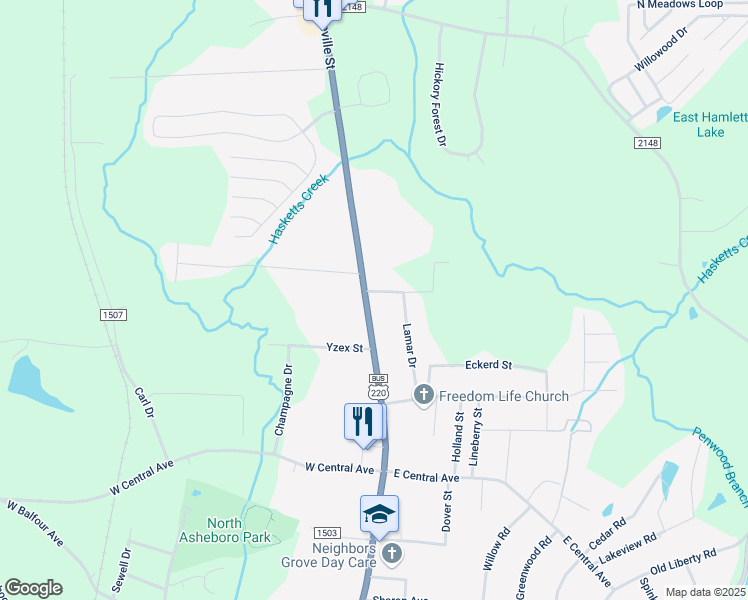 map of restaurants, bars, coffee shops, grocery stores, and more near 2138 North Fayetteville Street in Asheboro
