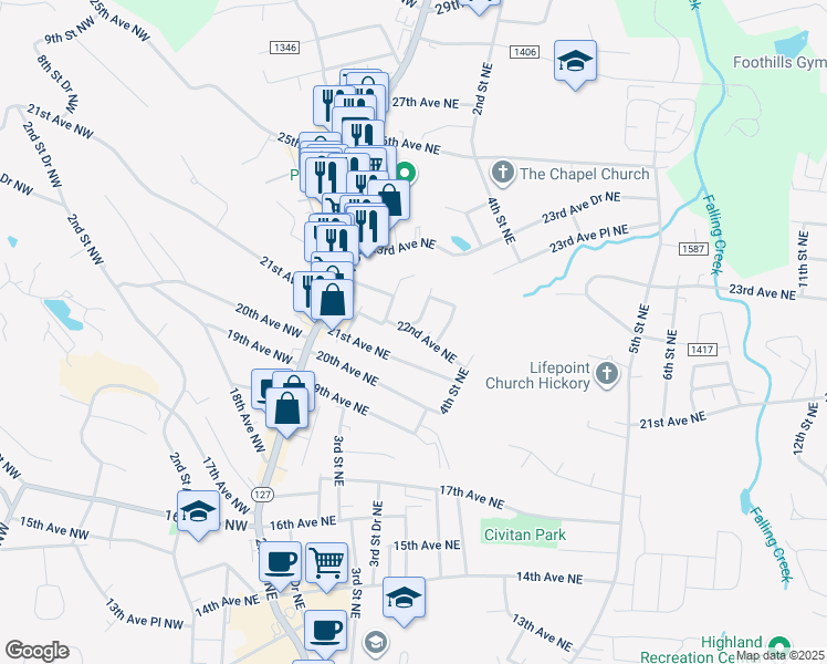 map of restaurants, bars, coffee shops, grocery stores, and more near 2220 2nd Street Northeast in Hickory