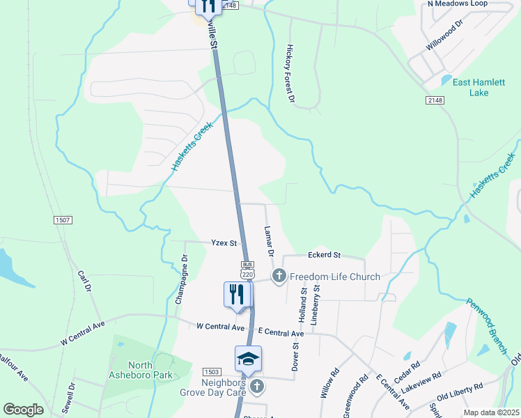 map of restaurants, bars, coffee shops, grocery stores, and more near 116 Golda Avenue in Asheboro