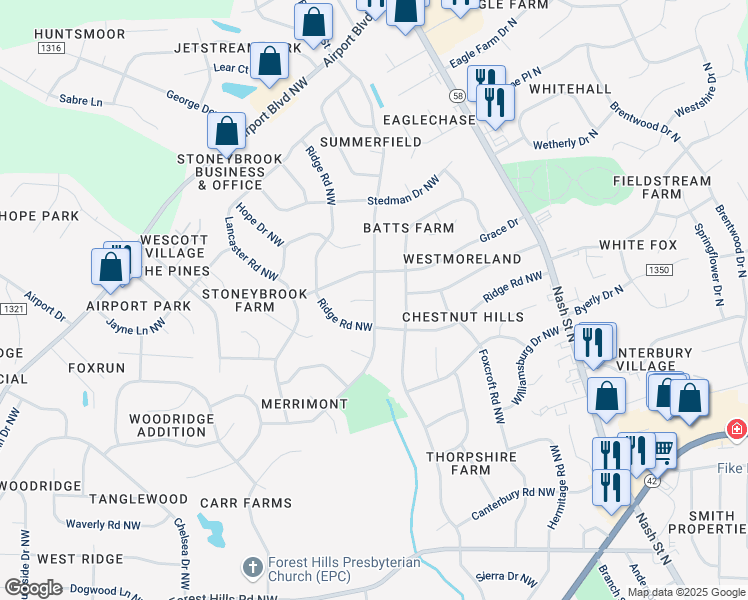map of restaurants, bars, coffee shops, grocery stores, and more near 2601 Whippoorwill Lane Northwest in Wilson