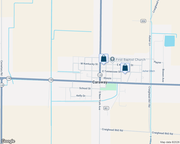 map of restaurants, bars, coffee shops, grocery stores, and more near 302 North San Francisco Avenue in Caraway