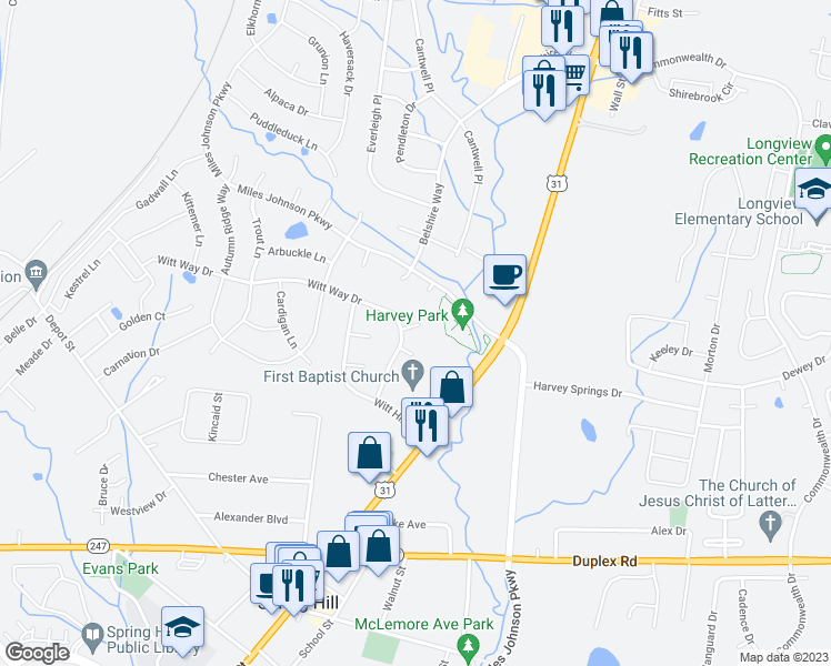 map of restaurants, bars, coffee shops, grocery stores, and more near 1805 Kara Court in Spring Hill
