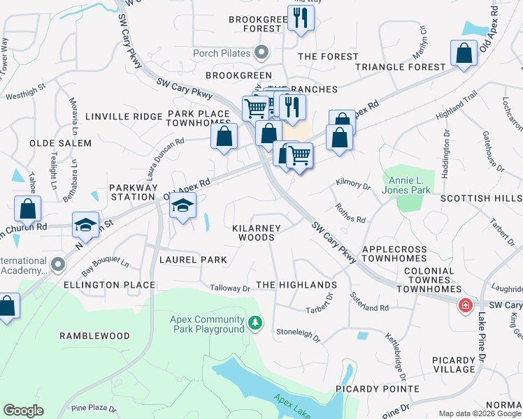 map of restaurants, bars, coffee shops, grocery stores, and more near 116 Loch Lomond Circle in Cary