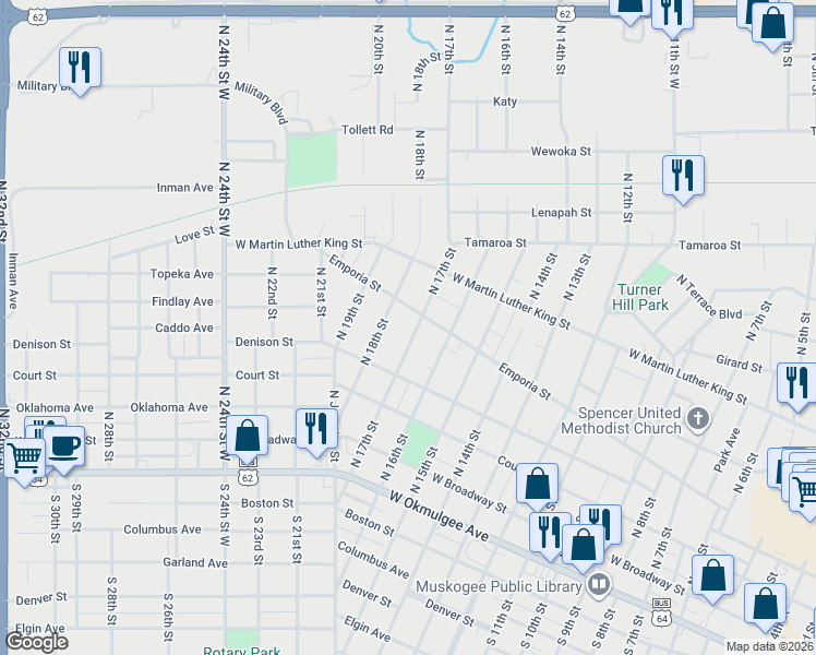 map of restaurants, bars, coffee shops, grocery stores, and more near 441 North 17th Street in Muskogee
