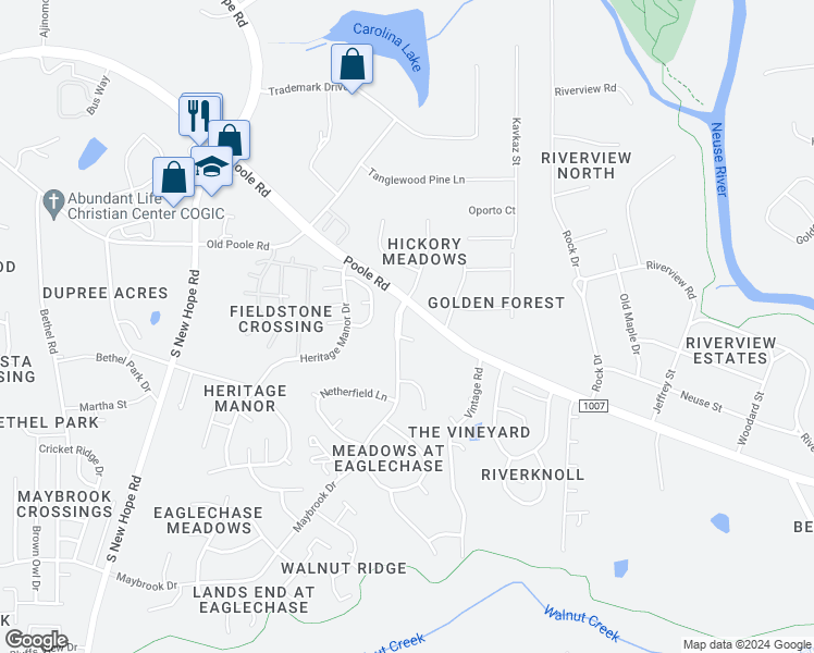 map of restaurants, bars, coffee shops, grocery stores, and more near 1501 Maybrook Drive in Raleigh
