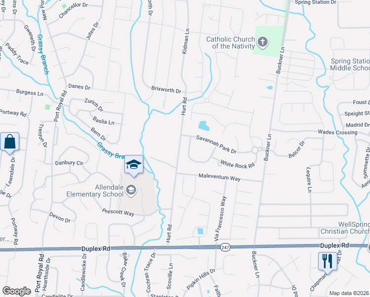 map of restaurants, bars, coffee shops, grocery stores, and more near 1635 Fair House Road in Spring Hill