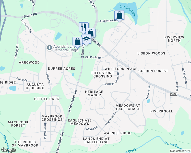 map of restaurants, bars, coffee shops, grocery stores, and more near 4909 Blue Rock Court in Raleigh