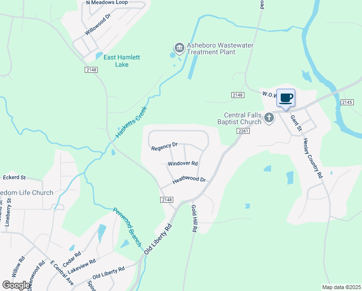map of restaurants, bars, coffee shops, grocery stores, and more near 2444 Regency Drive in Randleman