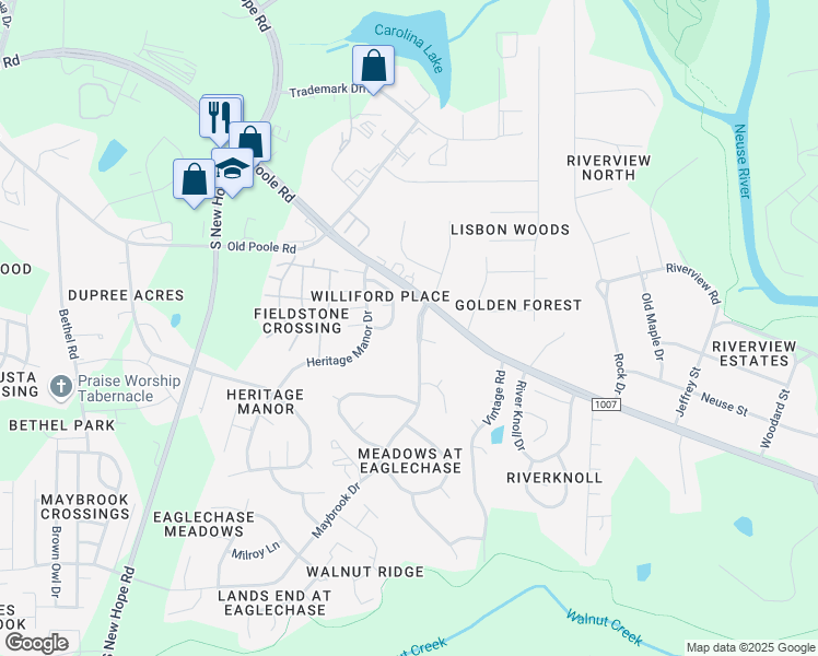 map of restaurants, bars, coffee shops, grocery stores, and more near 1501 Maybrook Drive in Raleigh