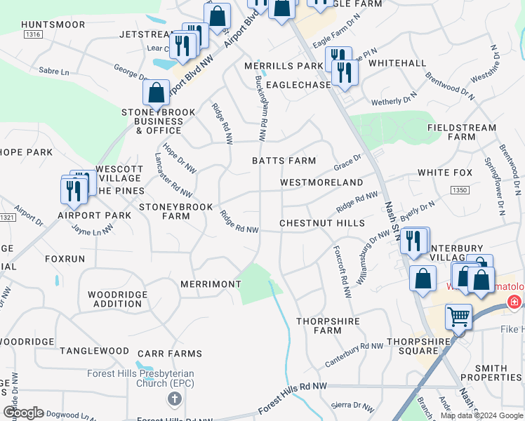 map of restaurants, bars, coffee shops, grocery stores, and more near 2612 Buckingham Road Northwest in Wilson