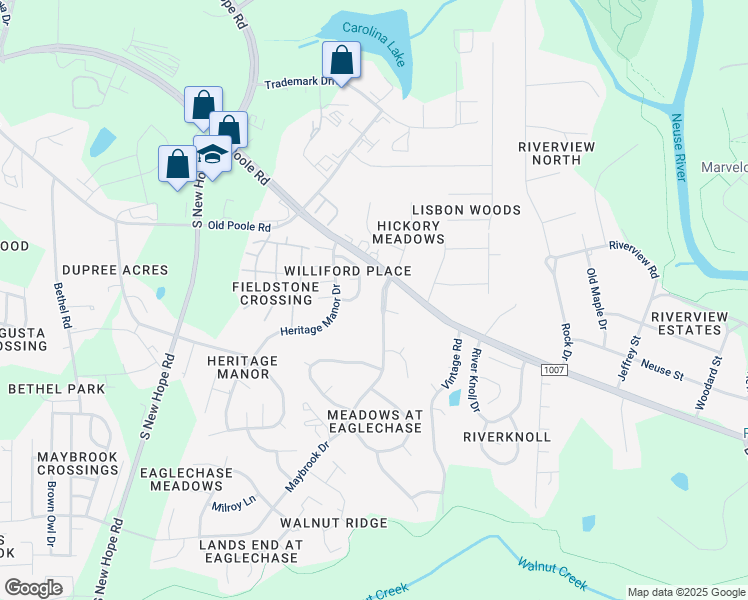 map of restaurants, bars, coffee shops, grocery stores, and more near 1512 Maybrook Drive in Raleigh