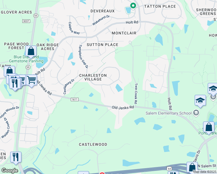 map of restaurants, bars, coffee shops, grocery stores, and more near 2106 Castleburg Drive in Apex