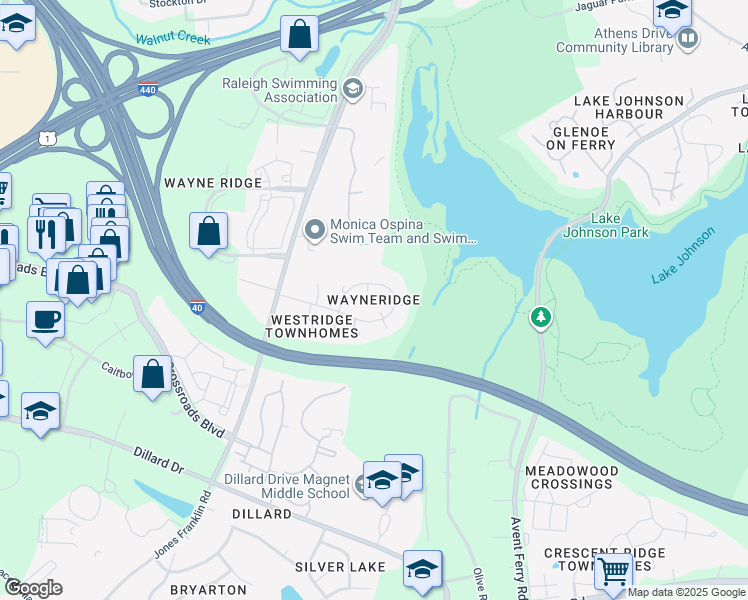 map of restaurants, bars, coffee shops, grocery stores, and more near 1405 Highview Court in Raleigh
