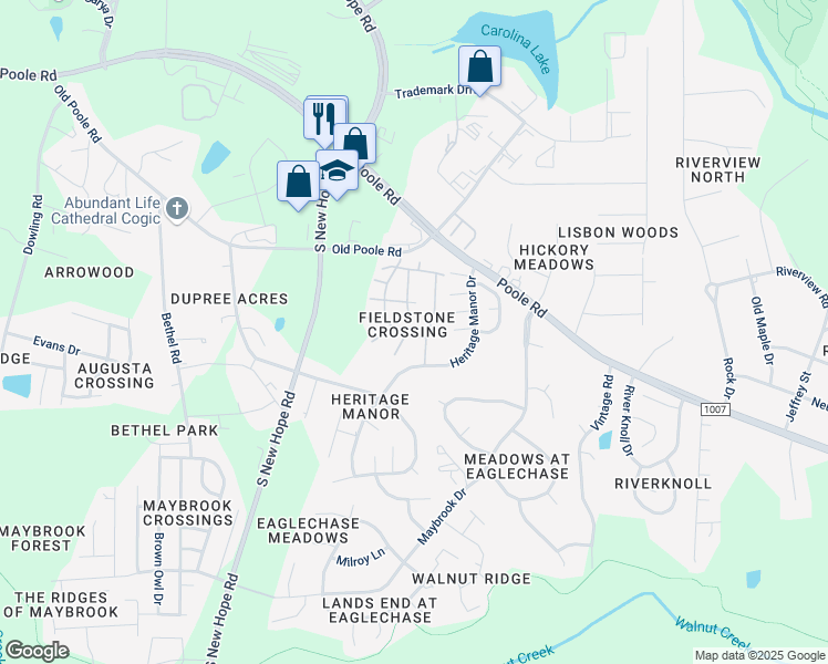 map of restaurants, bars, coffee shops, grocery stores, and more near 1409 Stone Manor Drive in Raleigh