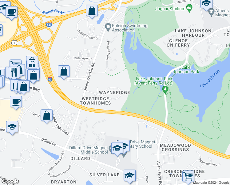 map of restaurants, bars, coffee shops, grocery stores, and more near 1405 Highview Court in Raleigh