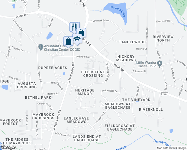 map of restaurants, bars, coffee shops, grocery stores, and more near 1405 Stone Manor Drive in Raleigh