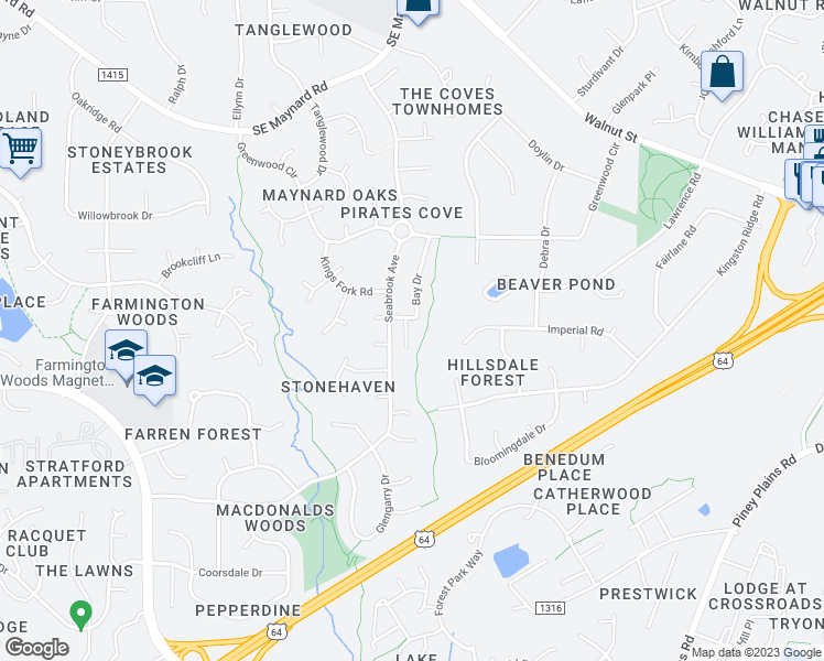 map of restaurants, bars, coffee shops, grocery stores, and more near 101 Barbary Court in Cary