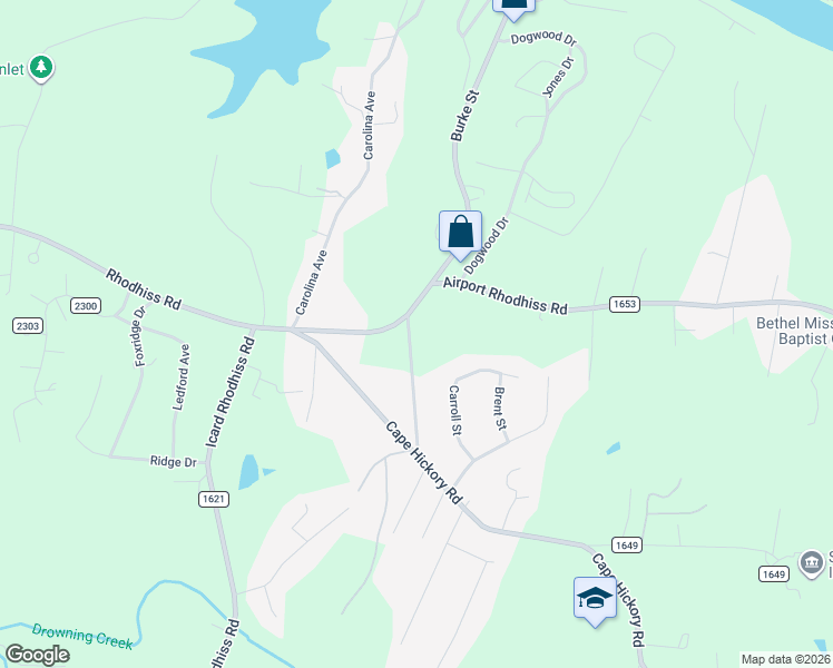 map of restaurants, bars, coffee shops, grocery stores, and more near 407 Burke Street in Hickory
