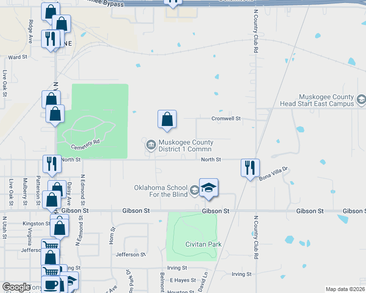 map of restaurants, bars, coffee shops, grocery stores, and more near 1407 Maxey Drive in Muskogee