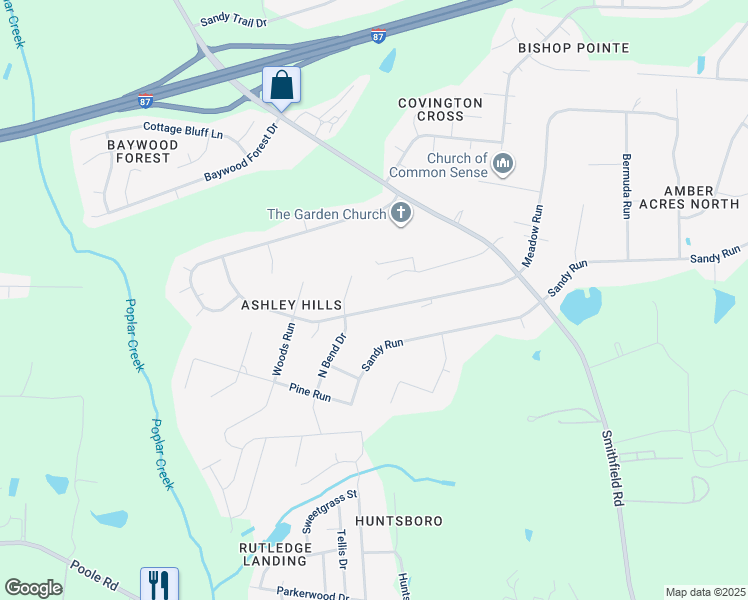 map of restaurants, bars, coffee shops, grocery stores, and more near 202 Meadow Run in Knightdale