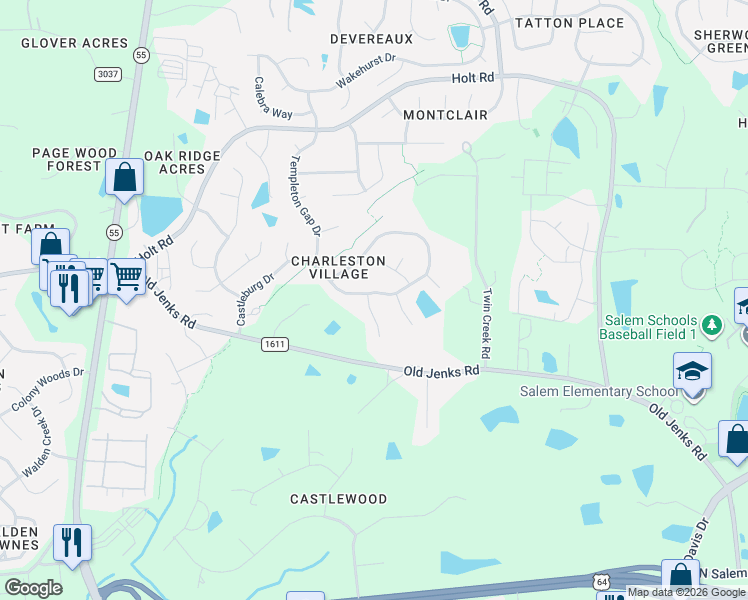 map of restaurants, bars, coffee shops, grocery stores, and more near 2105 Castleburg Drive in Apex