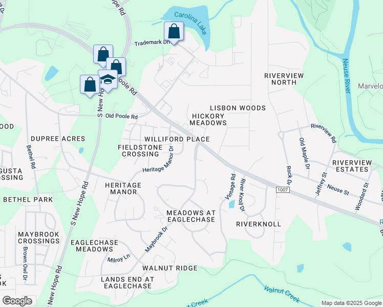 map of restaurants, bars, coffee shops, grocery stores, and more near 1512 Maybrook Drive in Raleigh