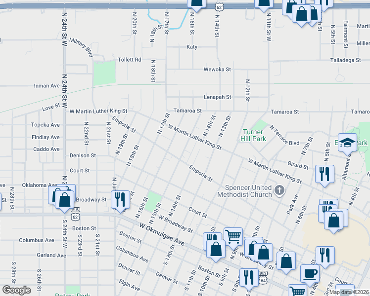 map of restaurants, bars, coffee shops, grocery stores, and more near 557 North 15th Street in Muskogee