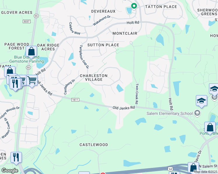 map of restaurants, bars, coffee shops, grocery stores, and more near 2106 Castleburg Drive in Apex