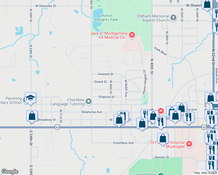 map of restaurants, bars, coffee shops, grocery stores, and more near 4501 Girard Street in Muskogee