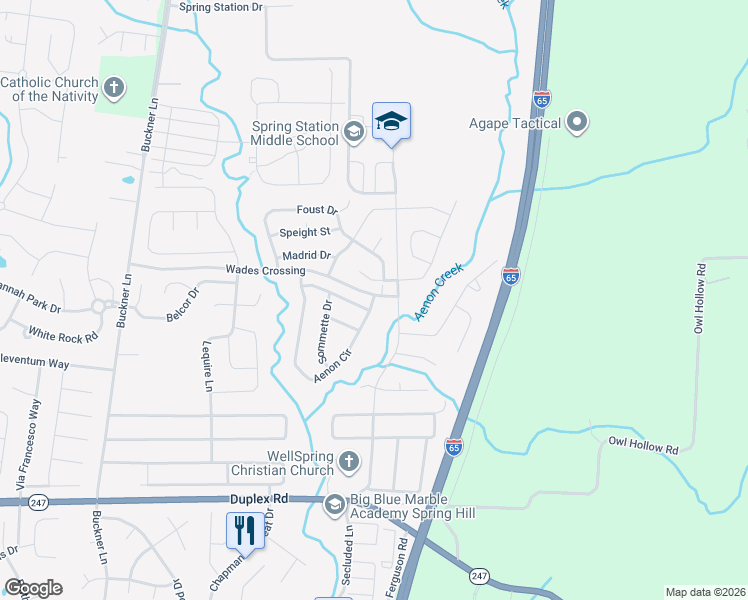 map of restaurants, bars, coffee shops, grocery stores, and more near 1088 Aenon Circle in Thompson's Station