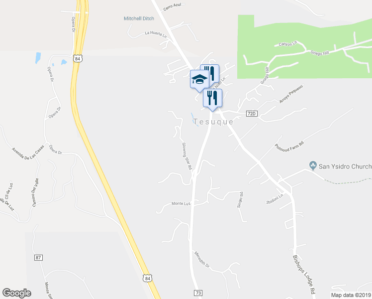 map of restaurants, bars, coffee shops, grocery stores, and more near 18 Glowing Star Road in Santa Fe