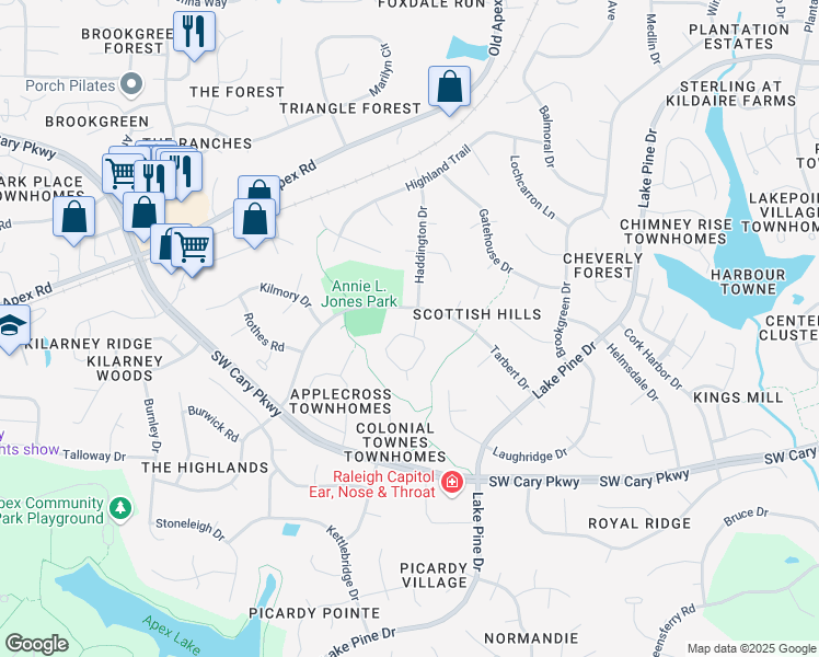map of restaurants, bars, coffee shops, grocery stores, and more near 104 Coatbridge Circle in Cary