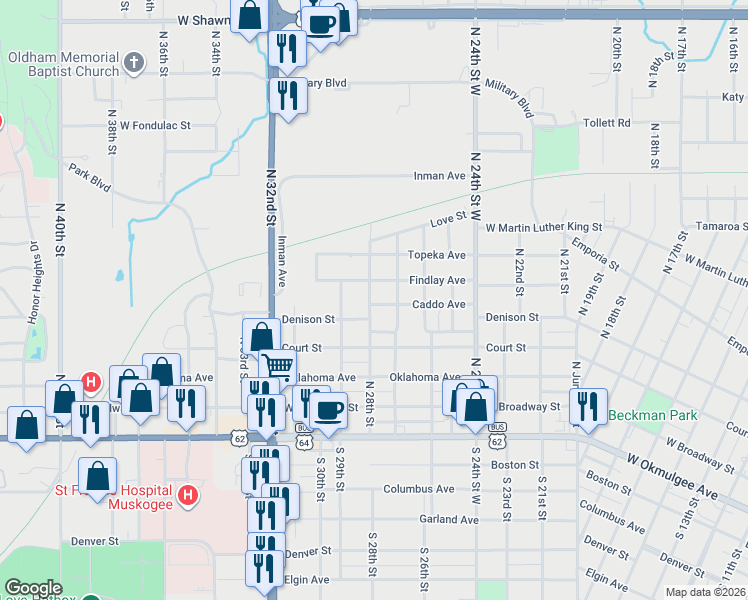 map of restaurants, bars, coffee shops, grocery stores, and more near 519 North 28th Street in Muskogee