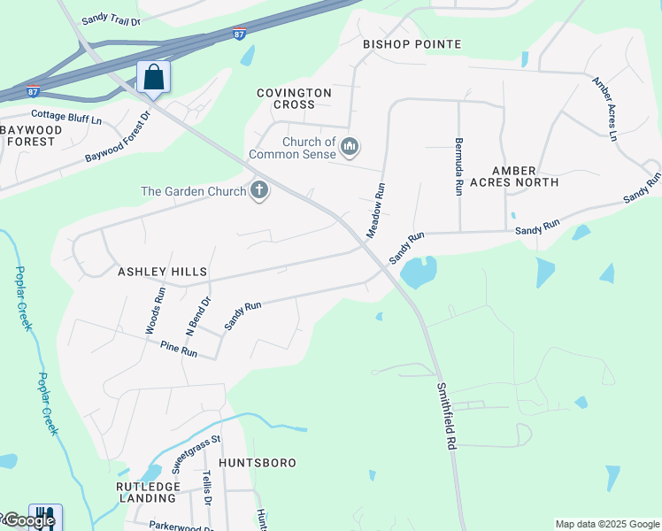 map of restaurants, bars, coffee shops, grocery stores, and more near 107 Meadow Run in Knightdale