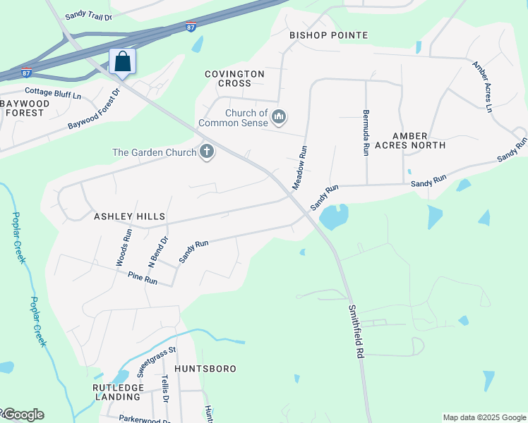 map of restaurants, bars, coffee shops, grocery stores, and more near 107 Meadow Run in Knightdale