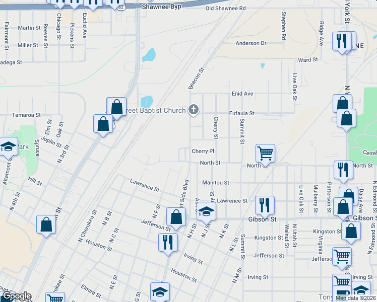 map of restaurants, bars, coffee shops, grocery stores, and more near 820 Cherry Place in Muskogee