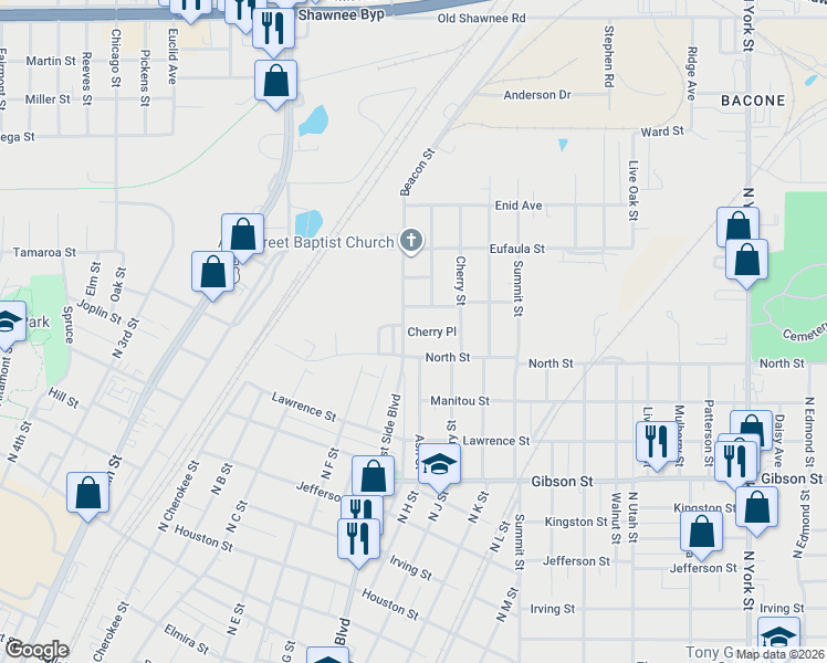 map of restaurants, bars, coffee shops, grocery stores, and more near 820 Cherry Place in Muskogee