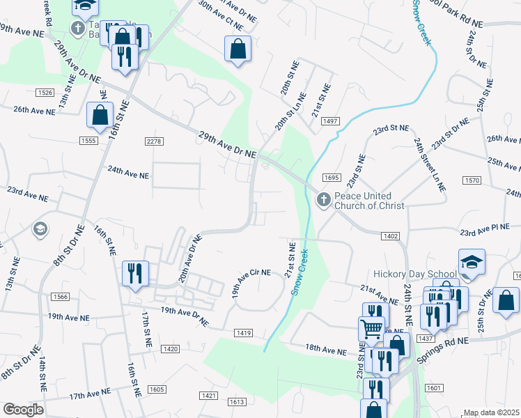 map of restaurants, bars, coffee shops, grocery stores, and more near 1910 20th Avenue Drive Northeast in Hickory