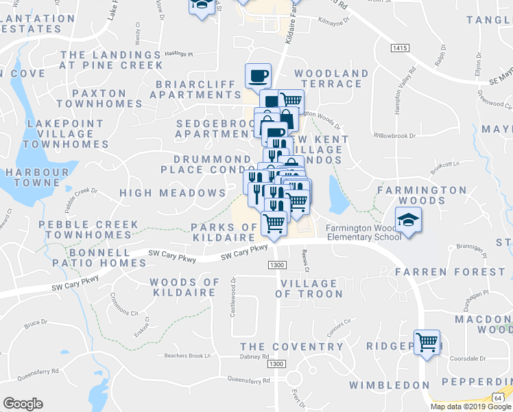 map of restaurants, bars, coffee shops, grocery stores, and more near 111 Shannon Oaks Circle in Cary