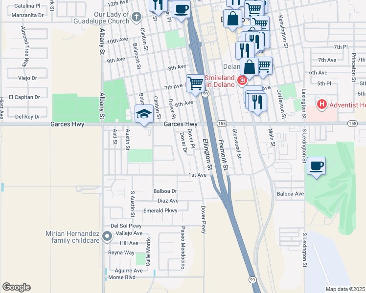 map of restaurants, bars, coffee shops, grocery stores, and more near 301 Dover Drive in Delano