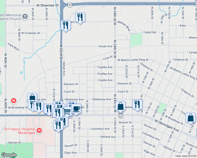 map of restaurants, bars, coffee shops, grocery stores, and more near 2606 Caddo Avenue in Muskogee