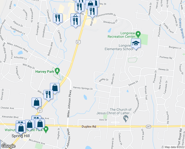 map of restaurants, bars, coffee shops, grocery stores, and more near 2317 Dewey Drive in Spring Hill