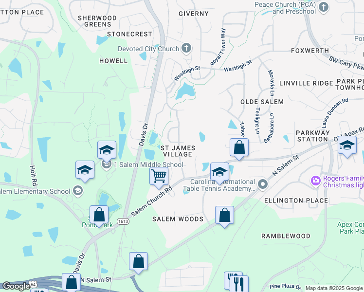 map of restaurants, bars, coffee shops, grocery stores, and more near 900 City Walls Street in Cary