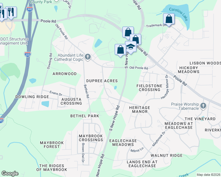 map of restaurants, bars, coffee shops, grocery stores, and more near 4613 Six Siblings Circle in Raleigh