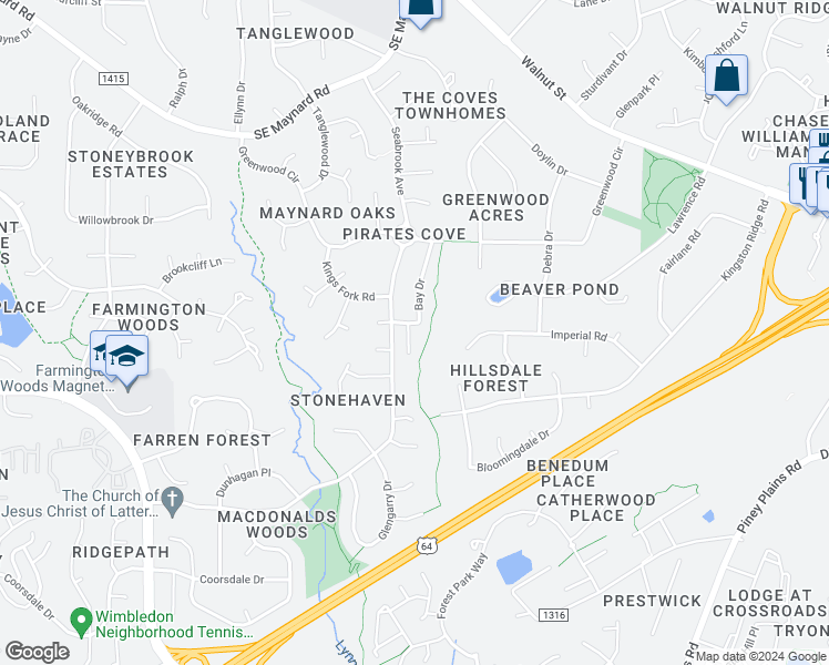 map of restaurants, bars, coffee shops, grocery stores, and more near 101 Barbary Court in Cary