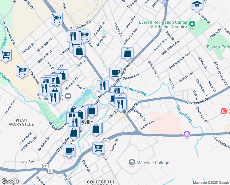 map of restaurants, bars, coffee shops, grocery stores, and more near 719 Neff Street in Maryville