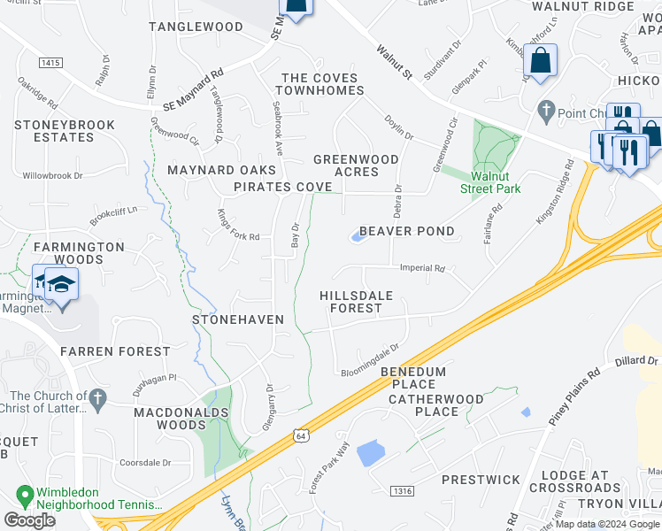 map of restaurants, bars, coffee shops, grocery stores, and more near 1105 Imperial Road in Cary