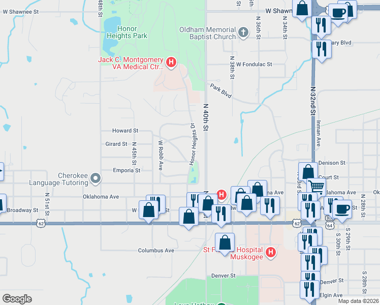 map of restaurants, bars, coffee shops, grocery stores, and more near 509 Honor Heights Drive in Muskogee