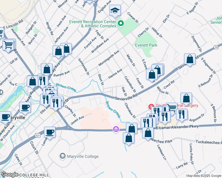 map of restaurants, bars, coffee shops, grocery stores, and more near 1319 McAdams Avenue in Maryville