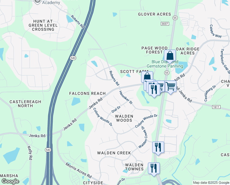 map of restaurants, bars, coffee shops, grocery stores, and more near 2112 Peabody Place in Apex